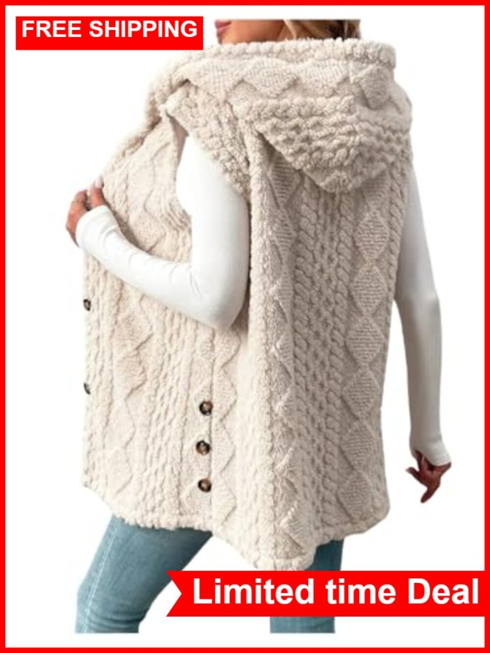 Sleeveless Hooded Fleece Vest Loose Fit Single Breasted Coat